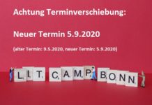 Verschiebung des Literaturcamps Bonn weiße Schrift auf rotem Grund mit dem Wortlaut: Achtung Terminverschiebung: neuer Termin 5.9.2020 und in Klammern gesetzt der Wortlauft: alter Termin: 9.5.2020; neuer Termin 5.9.2020